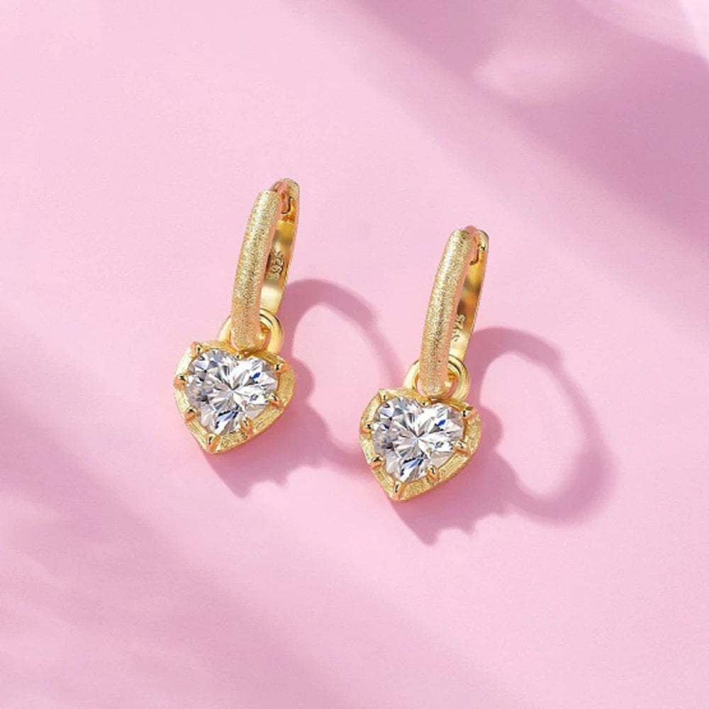 1CT Heart Cut Moissanite Drop Earrings for Women Brushed Frosted S925 Sterling Silver Plated 18k Earring Wedding Party Jewelry