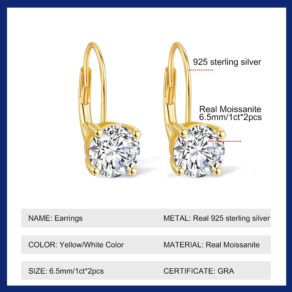 GRA Certified 1CT Moissanite Hoop Earrings for Women 6.5mm D Color Solitaire Earrings 925 Sterling Silver Plated 18K