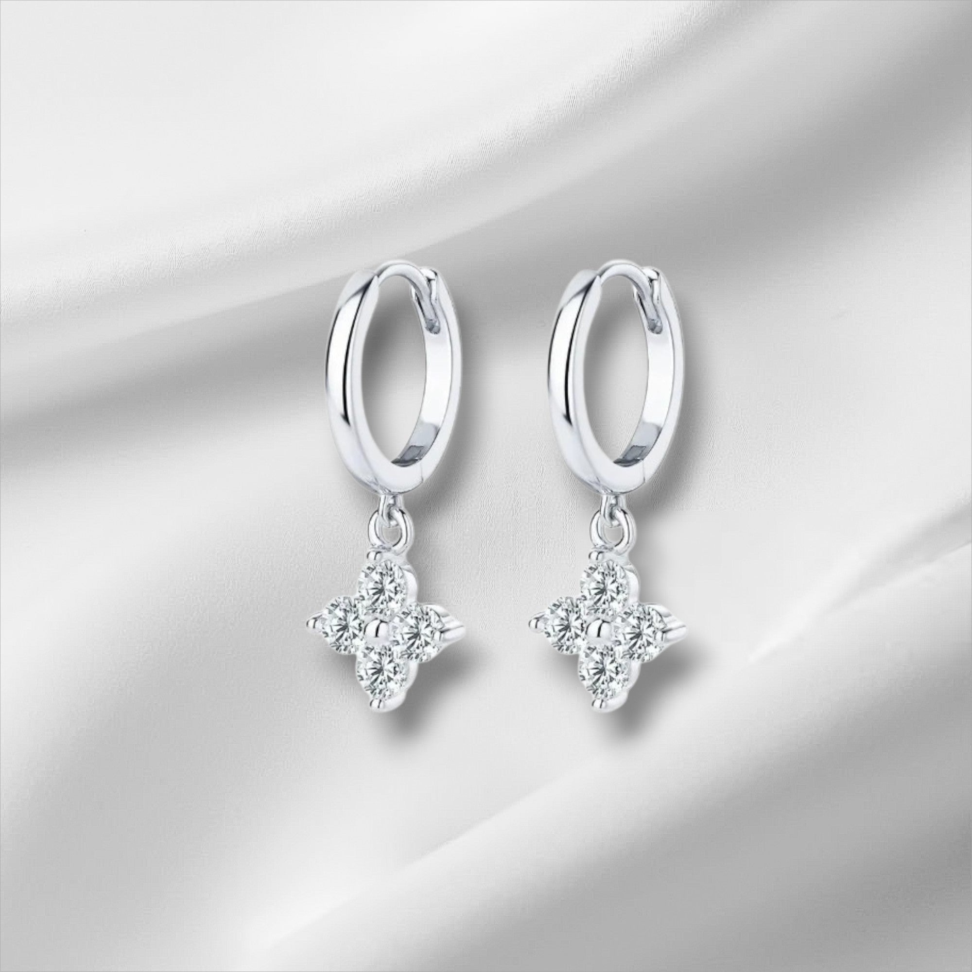 3mm Moissanite Clover Hoop Earrings | 0.8ct D VVS1 Silver