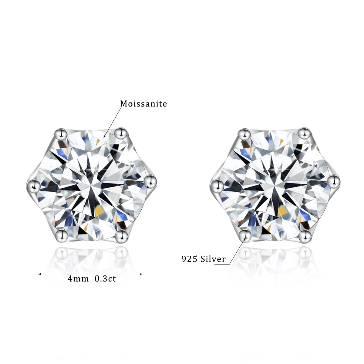 Moissanite Earrings Studs 925 Sterling Silver Classic 6 Prongs