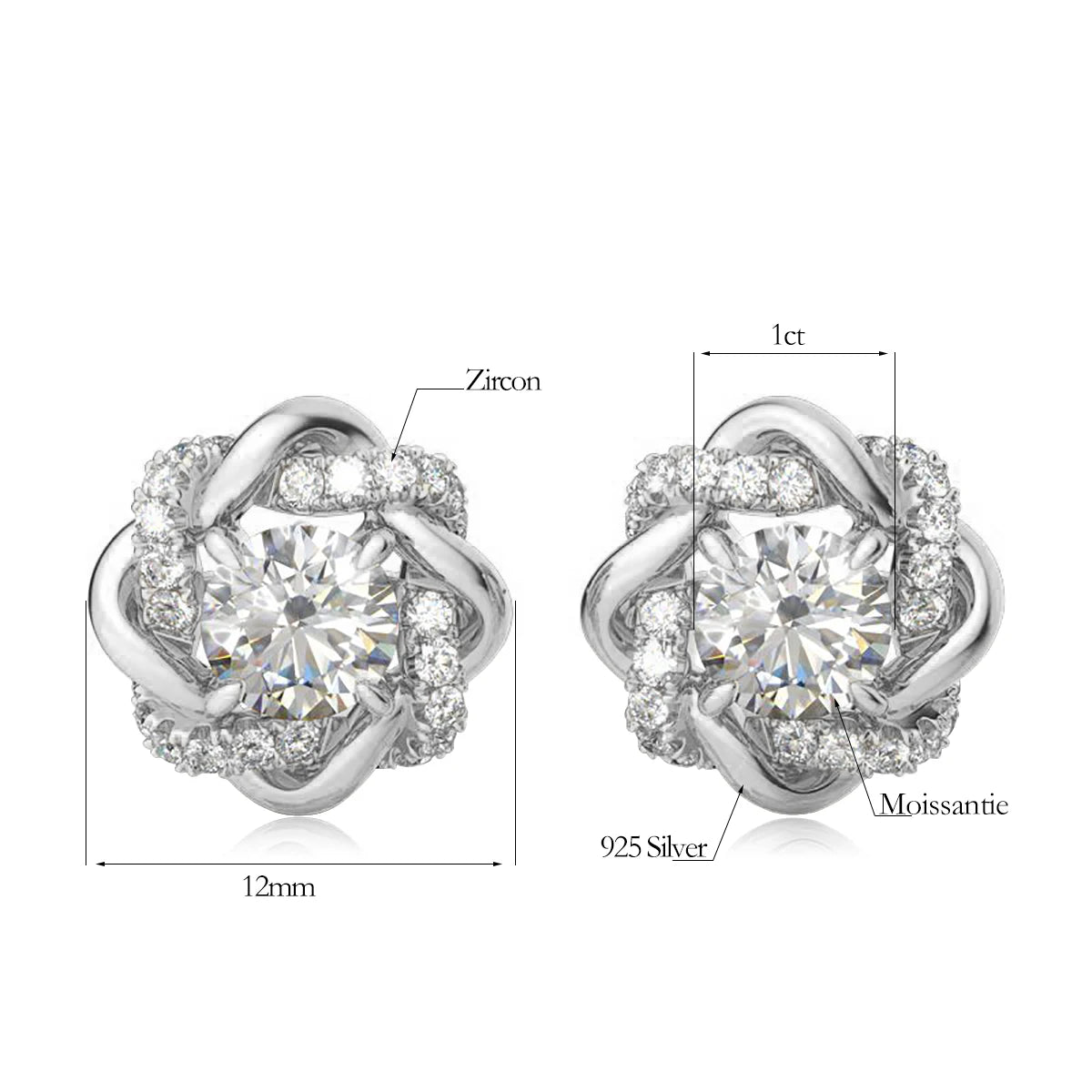 Moissanite Earrings Studs Pure 925 Silver Certificated 2 Carat 6.5mm