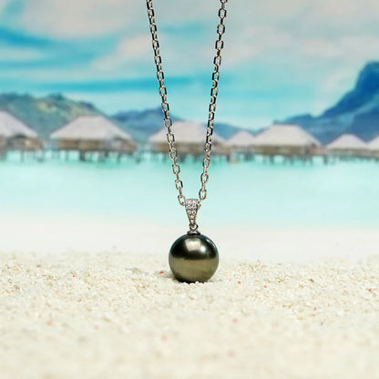 18K Gold Diamonds Pendant 10-11mm Natural Tahitian Black Pearl Silver Chain