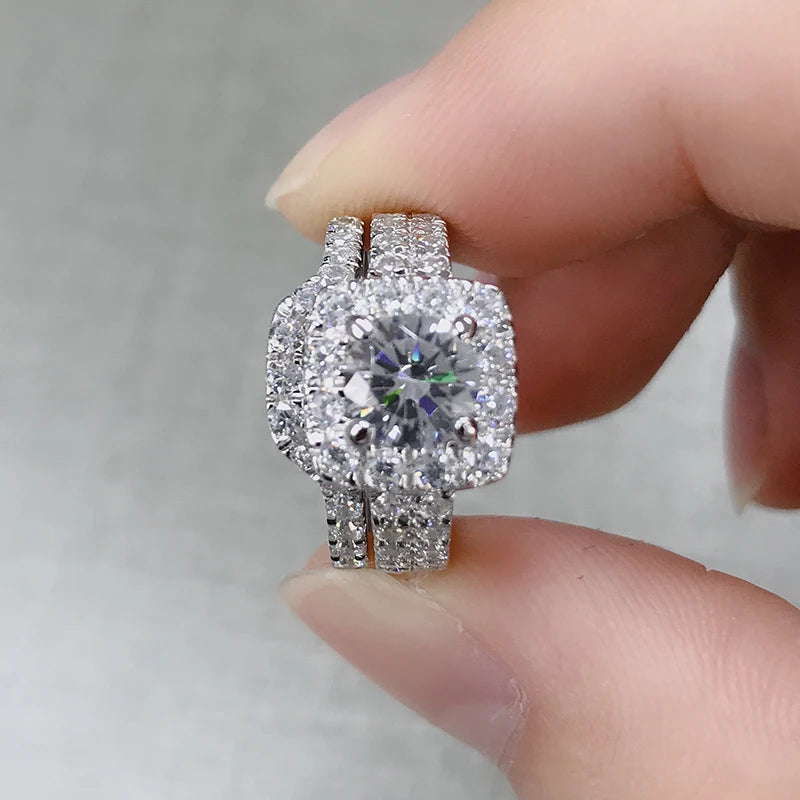 925 Sterling Silver Engagement Ring Sets 1 Carat Round Cut Women Wedding Anniversary Bridal Halo Ring