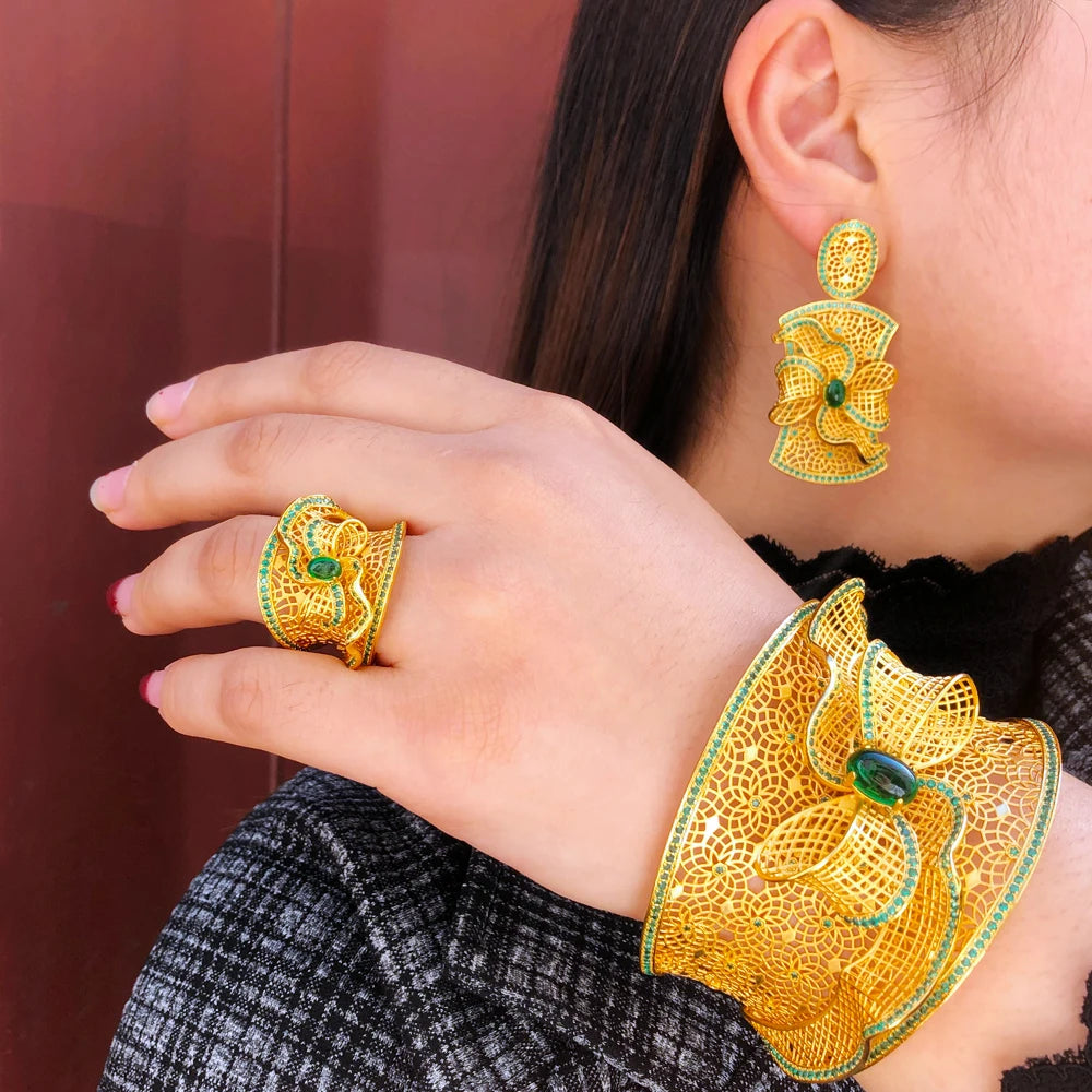 Luxury Charm Gorgeous 4 PCS Bangle Ring Necklace Earrings Jewelry Sets
