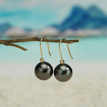 18K Solid Gold 9-10 mm 8-9mm Tahiti Black Pearl Drop Earrings