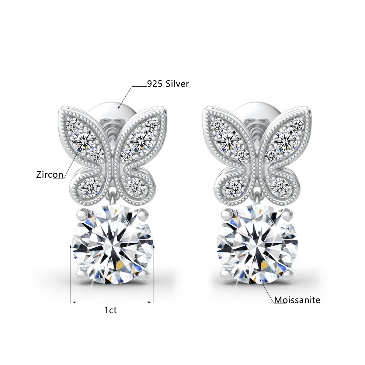 Moissanite Butterfly Earrings 18K Gold 925 Silver Jewelry