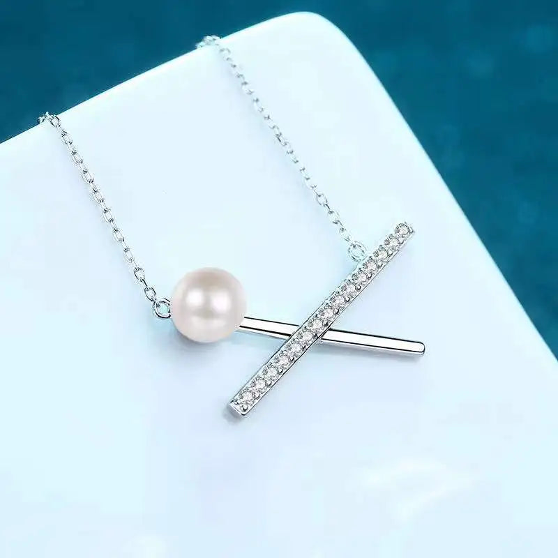 Freshwater Pearl Moissanite Cross Necklace