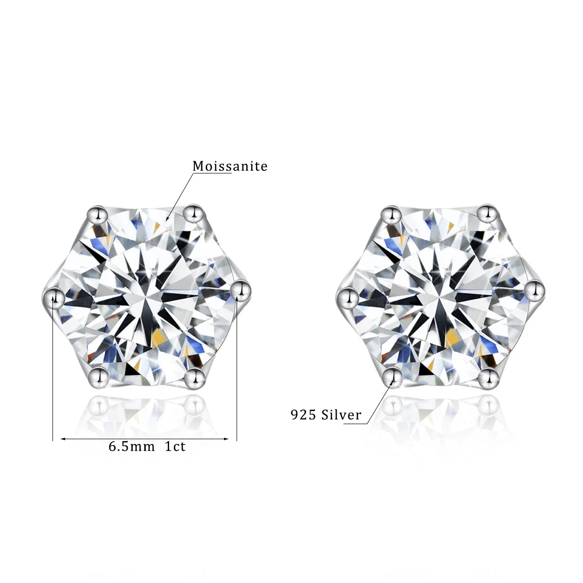 Moissanite Earrings Studs 925 Sterling Silver Classic 6 Prongs