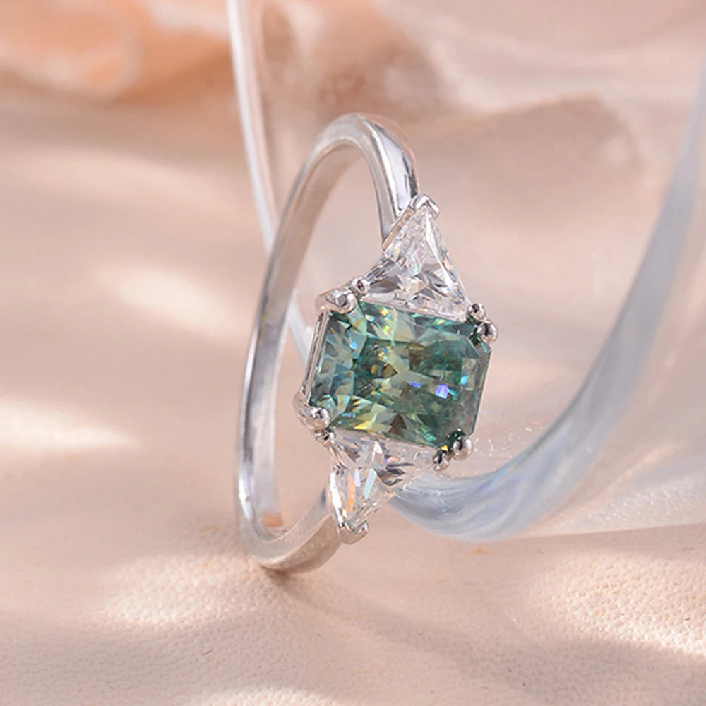 Moissanite Rings For Women 100% S925 Sterling Silver Plated 18K 6*8mm Green Radiant Cut