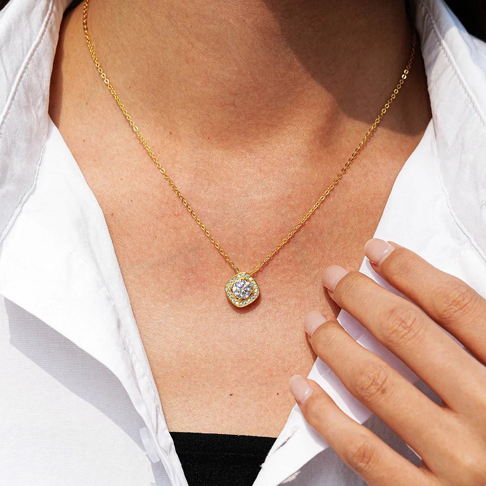 14K Gold Plated PT950 Square Pendant Necklace Classic Design Platinum Women's Jewelry