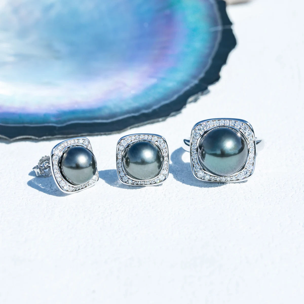 12-13mm Natural Tahitian Black Pearl Moissanite Diamond Engagement rings