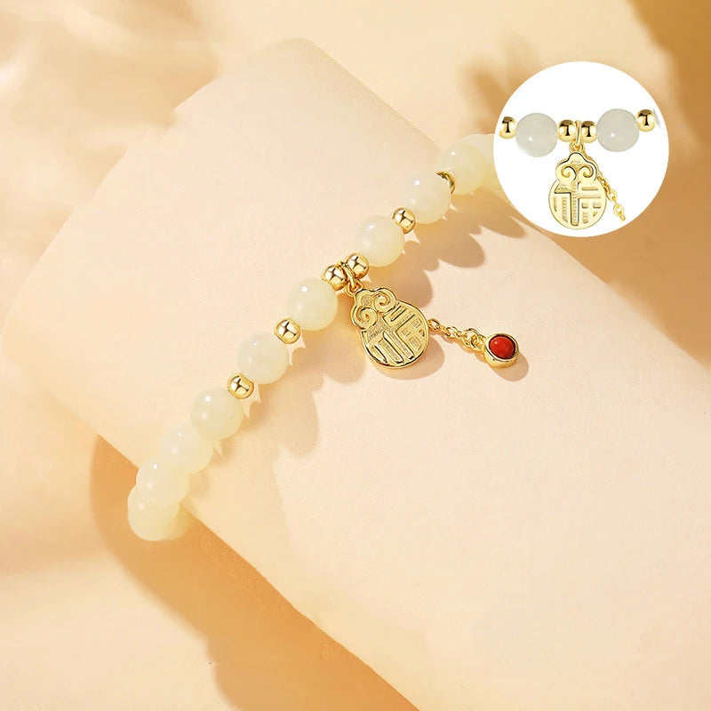 925 Sterling Silver Women's White Jade Crystal Beaded Hetian Jade