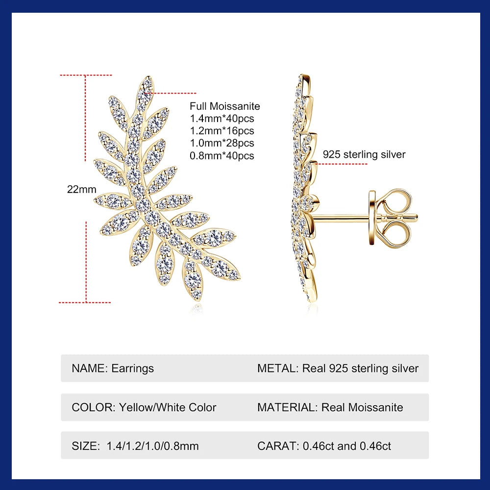 Leaf Moissanite Stud Earrings 14K Yellow Gold Plated S925 Sterling Silver Ear Climber Earrings Hypoallergenic Jewelry for Women