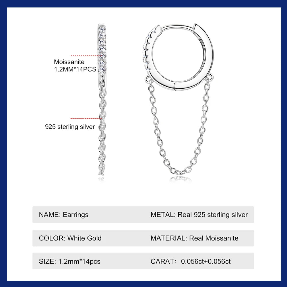 Hoops Long Tassel Earrings 1.2mm All Moissanite Chain Drop Earrings 925 Sterling Silver Ear Studs For Women Jewelry