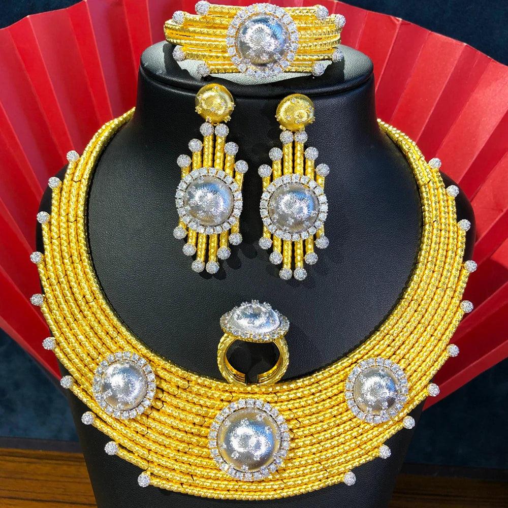 Luxury Princess 4PCS Round African Jewelry Sets For Women Wedding Party Full Cubic Zircon Dubai Bridal jewelry Set Gift