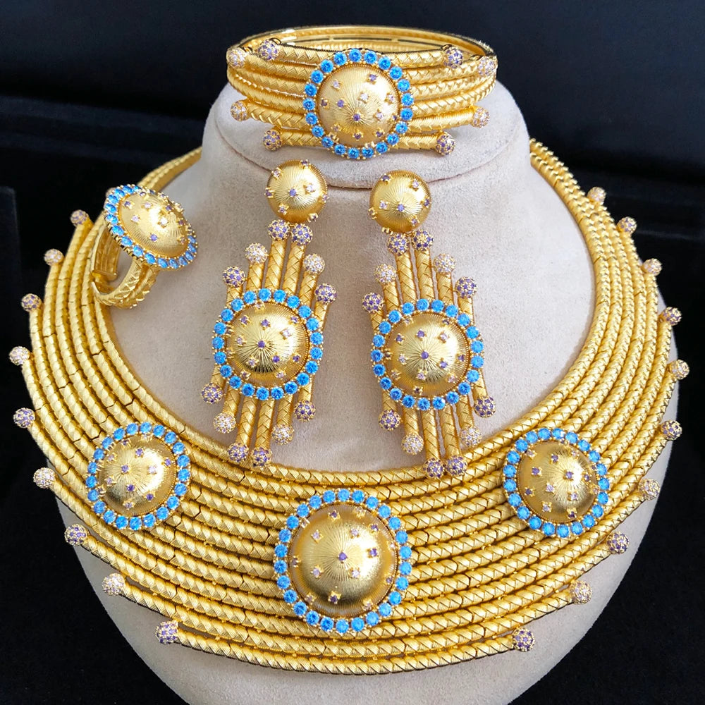 Luxury Princess 4PCS Round African Jewelry Sets For Women Wedding Party Full Cubic Zircon Dubai Bridal jewelry Set Gift