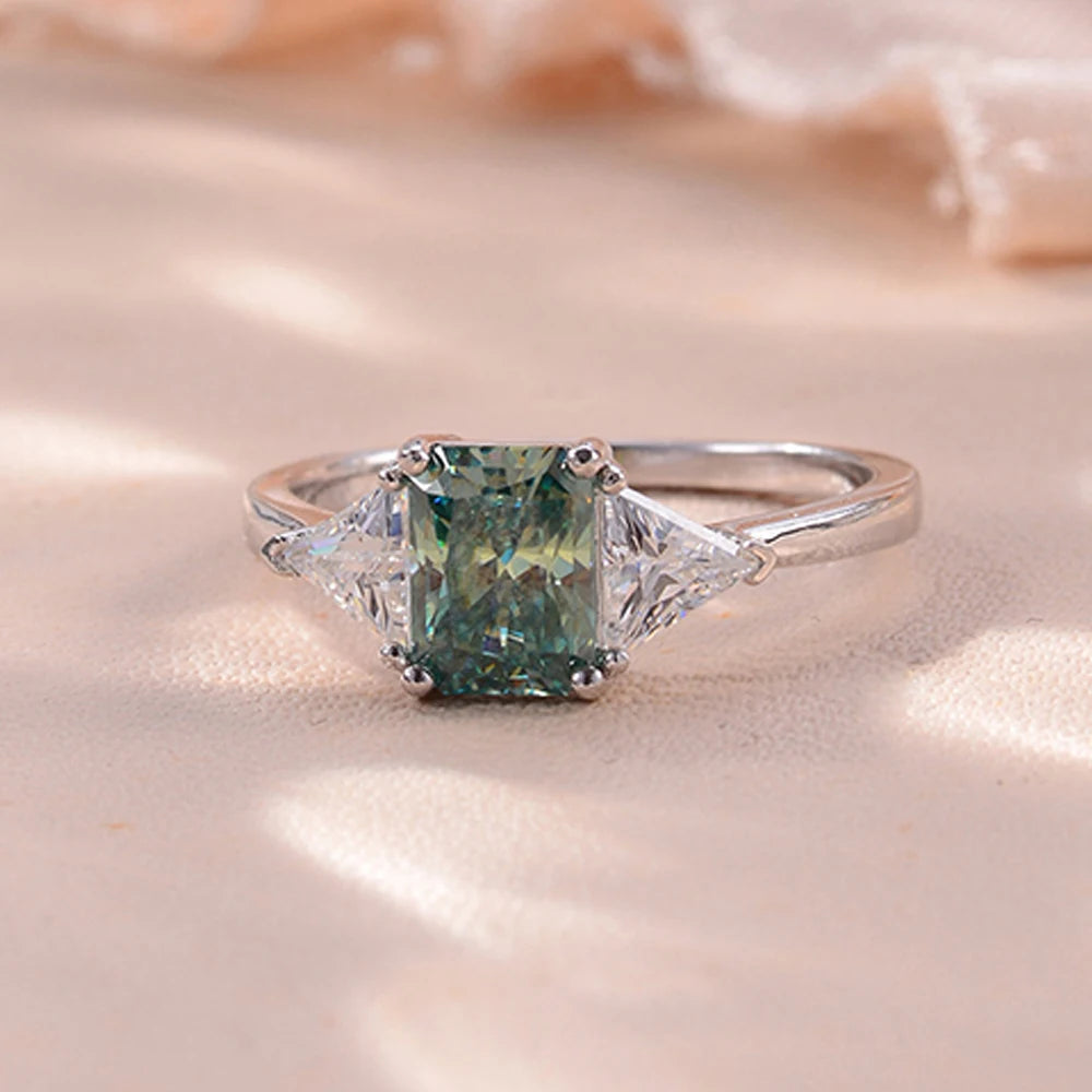 Moissanite Rings For Women 100% S925 Sterling Silver Plated 18K 6*8mm Green Radiant Cut