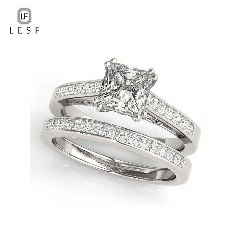 Moissanite Diamonds Engagement Ring Set For Women 1.2 Ct Princess Cut  Jewelry 925 Sterling Silver Pave Wedding Bands