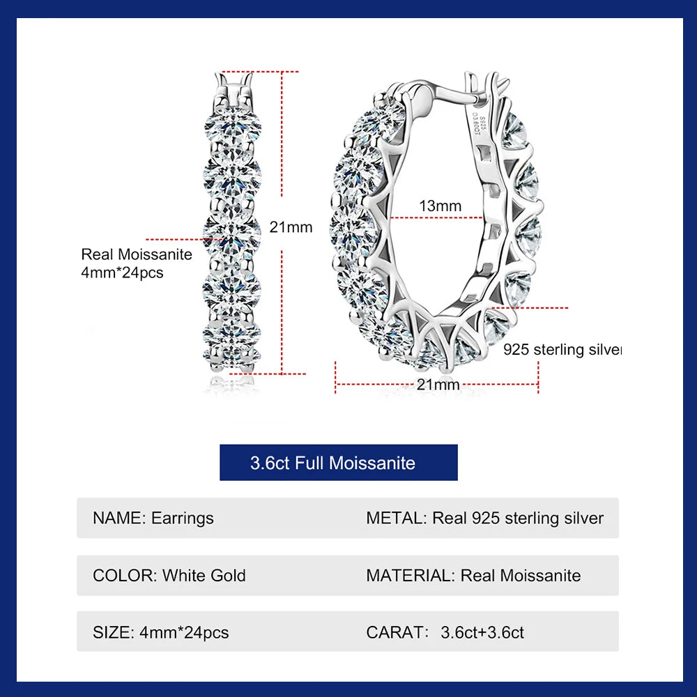 Luxury 4mm Full Moissanite Hoop Earring Original Certified 925 Silver 3.6ct Moissanite Diamond Earring for Women Wedding Jewelry