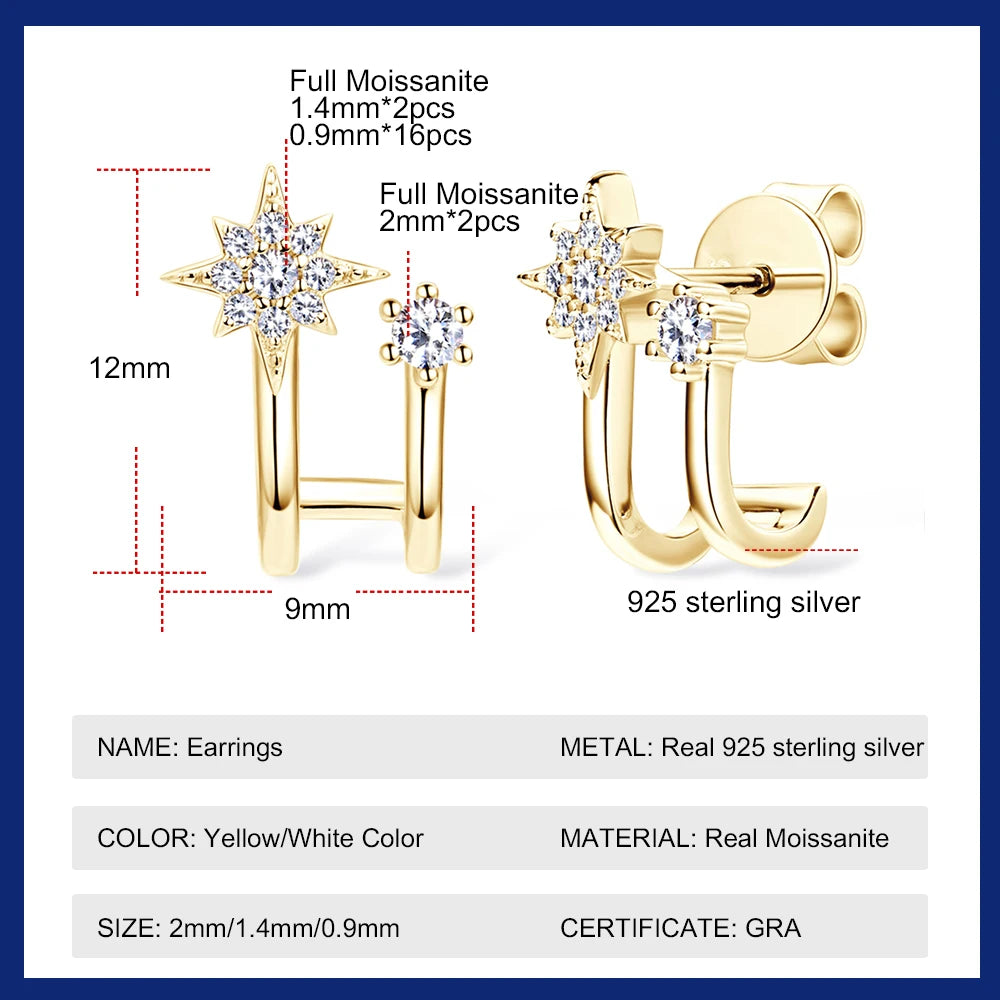 14K Gold Plated S925 Sterling Silver Moissanite Earrings for Women Dainty Star Piercing Ear Studs Earring Lady Jewelry aretes