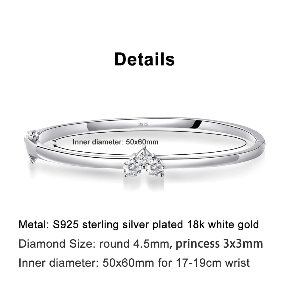 Moissanite Bangles Elegant Women Diamond Solid s925 Silver 17-18cm Wrist