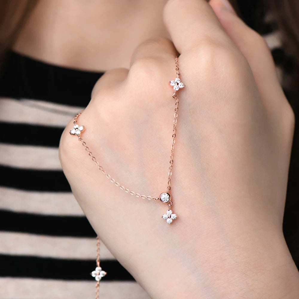 Rose Gold Four Leaf Clover Moissanite Necklace 925 Silver Plated 18k Yellow/White Gold Diamond Choker Chain for Women Jewelry