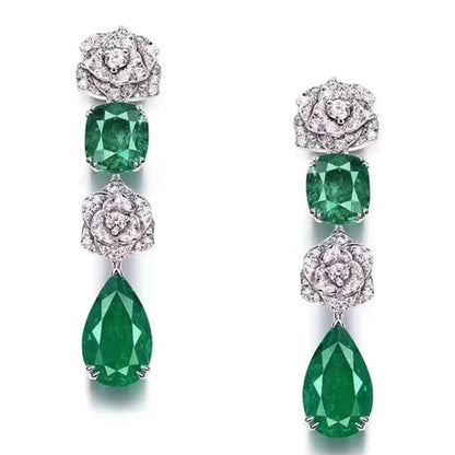 Vintage 925 Sterling Silver Emerald High Carbon Diamond Gemstone Flower Drop Dangle Earrings