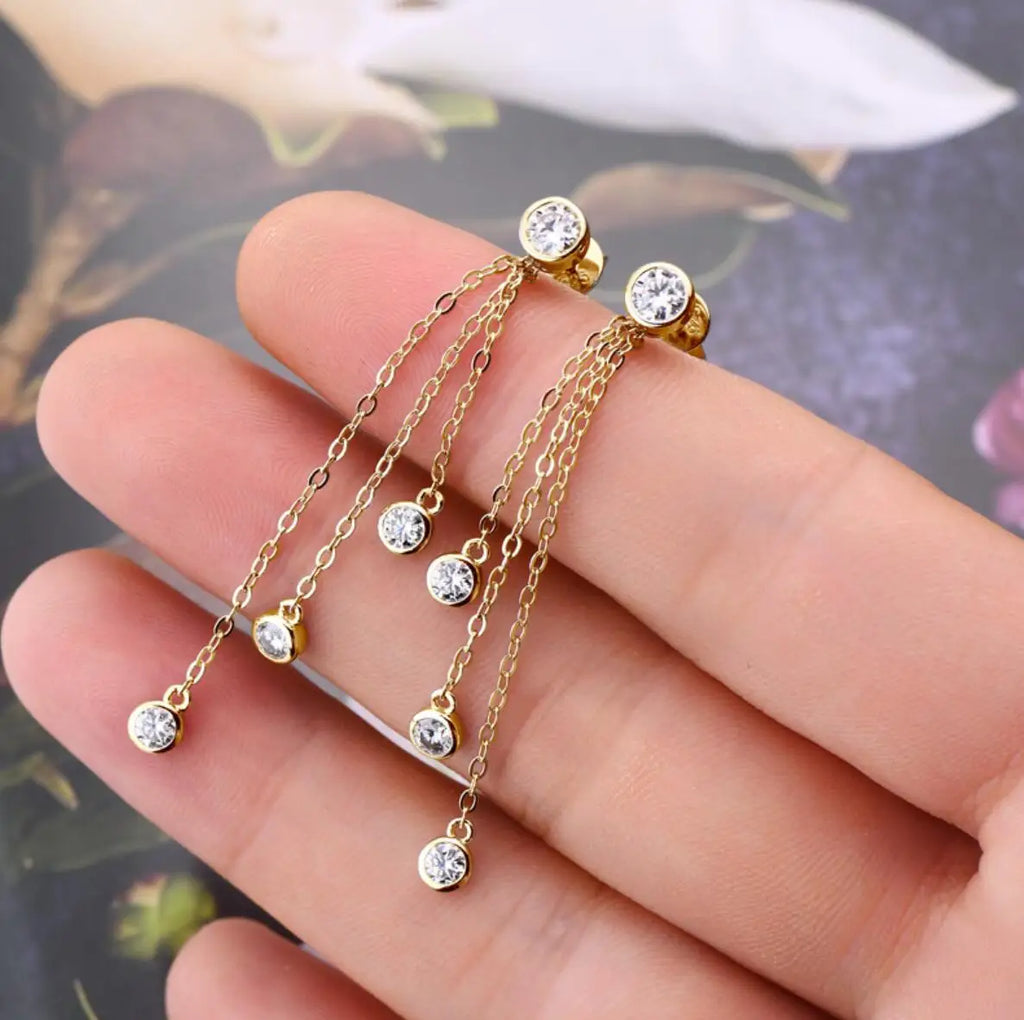 Moissanite Long Tassel Drop Earrings for Women 925 Sterling Silver Gold Filled 4mm Bezel Diamond Earring Fine Jewelry