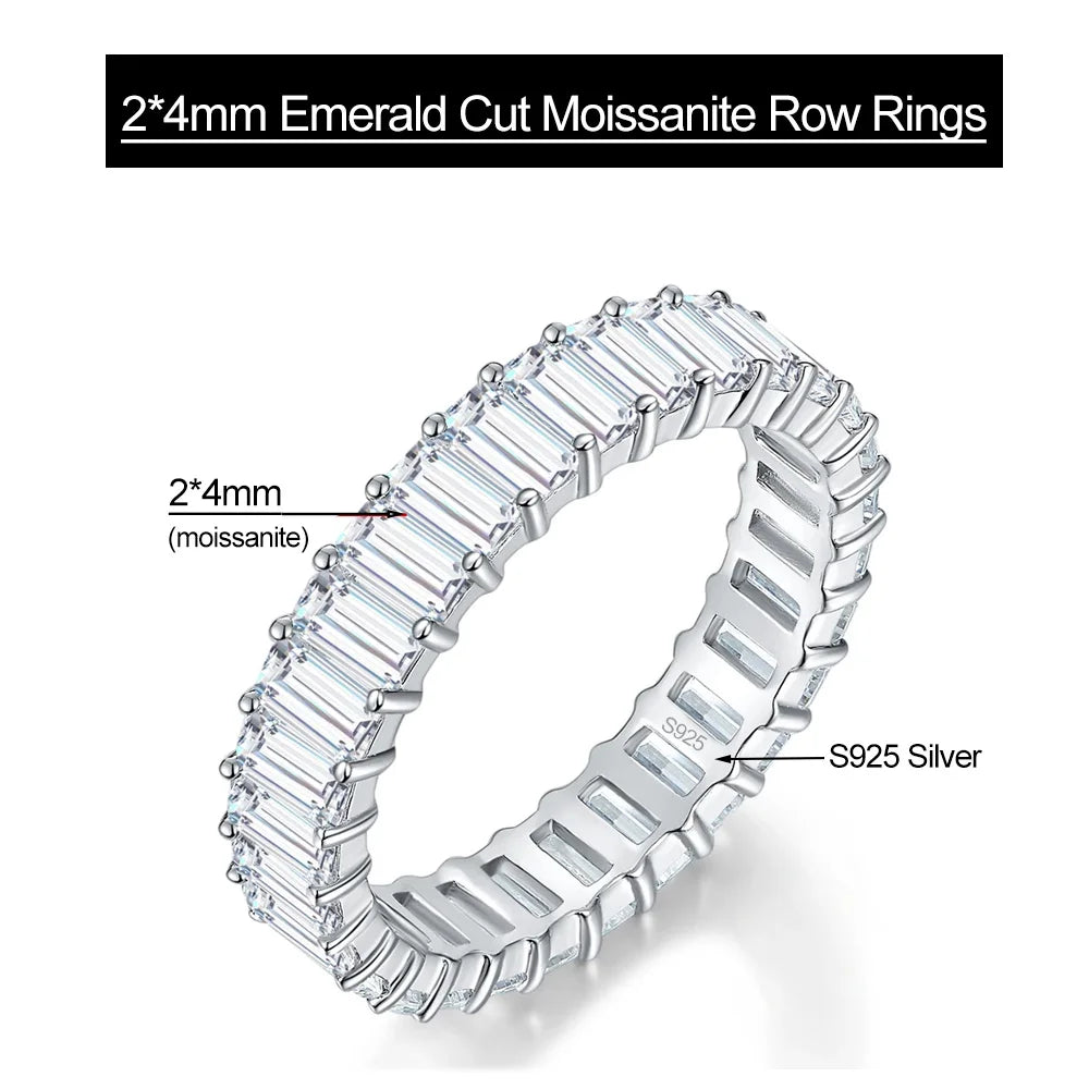 Moissanite Row Rings for Women Gift 100% S925 Sterling Silver 4.3ct tw Emerald Cut D Color