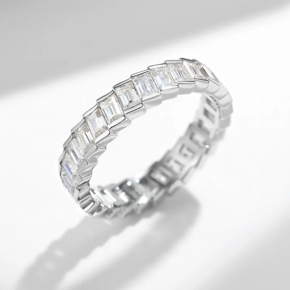 Moissanite Row Rings for Women Gift 100% S925 Sterling Silver 4.3ct tw Emerald Cut D Color