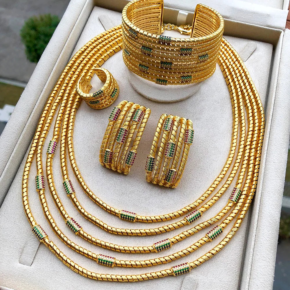 Luxury 4pcs Multi Layers African Jewelry Sets For Women Wedding Necklace Earring Bangle Ring Jewelry Trendy HOT New