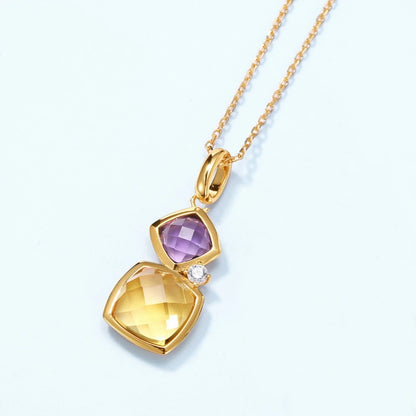 Lab Sapphire Amethyst Garnet Citrine Gems Pendant Necklace Vintage 10K Gold Plated 925 Sterling Silver