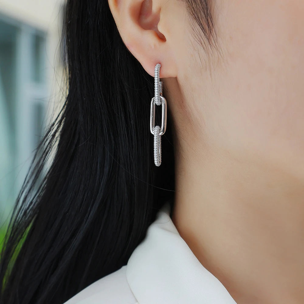 18k Plated All Moissanite Earrings 925 Sterling Silver Paperclip Link Drop Dangle Earrings for Women Trendy Jewelry