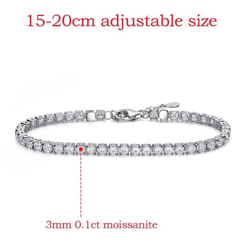 Moissanite Tennis Bracelet 3mm for Women Man Full Diamond Adjustable 15-20CM S925 Sterling Silver Jewelry GRA