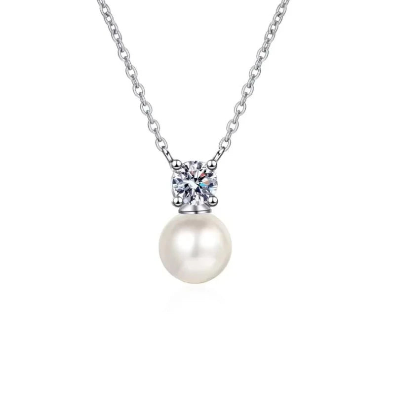 Women Valentine's Day White Gold 18K Wedding Necklaces 0.5CT Moissanite Diamond Pendant 8mm Pearl PT950 Girlfriend Birthday Gift