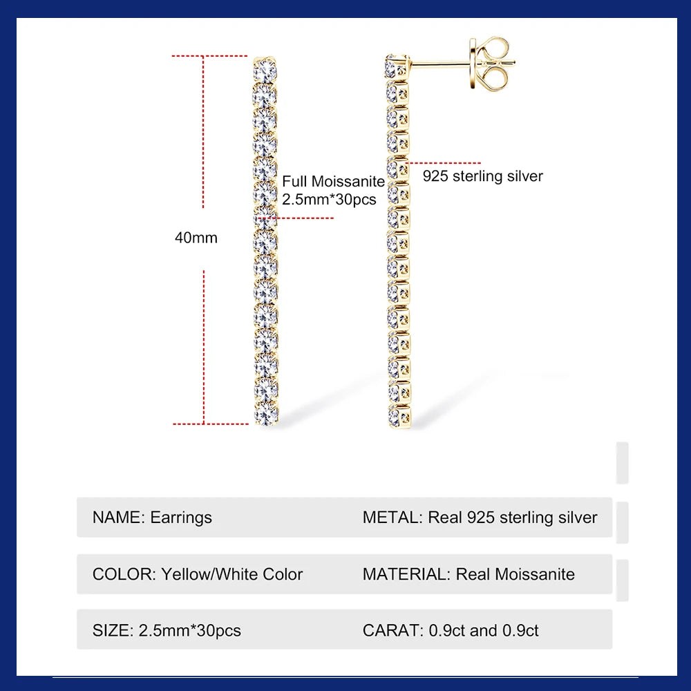 Dangle Earrings 925 Sterling Silver Gold Silver Color Long Tassel Drop Earring for Women 2.5mm Moissanite Party Wedding  Jewelry