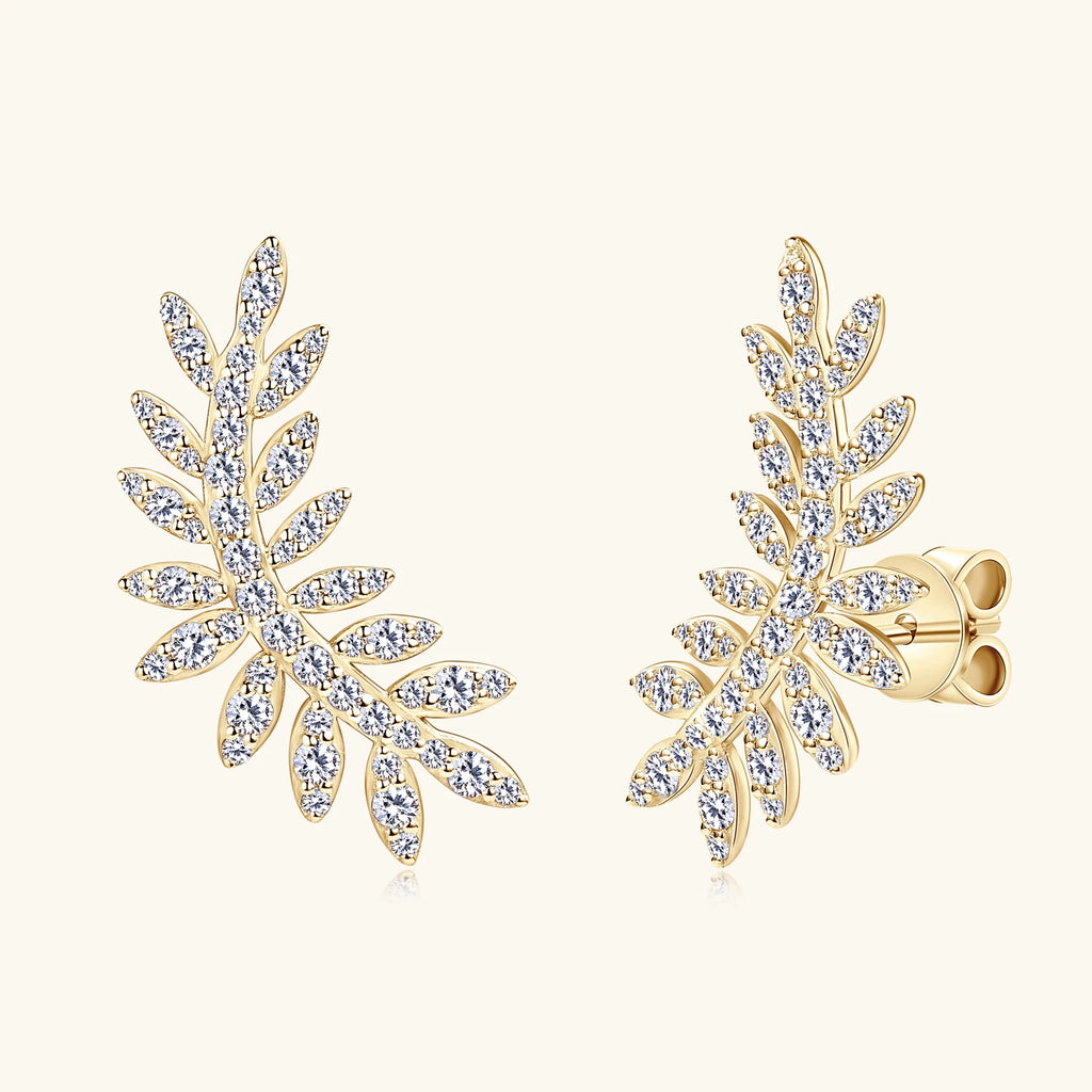 Leaf Moissanite Stud Earrings 14K Yellow Gold Plated S925 Sterling Silver Ear Climber Earrings Hypoallergenic Jewelry for Women