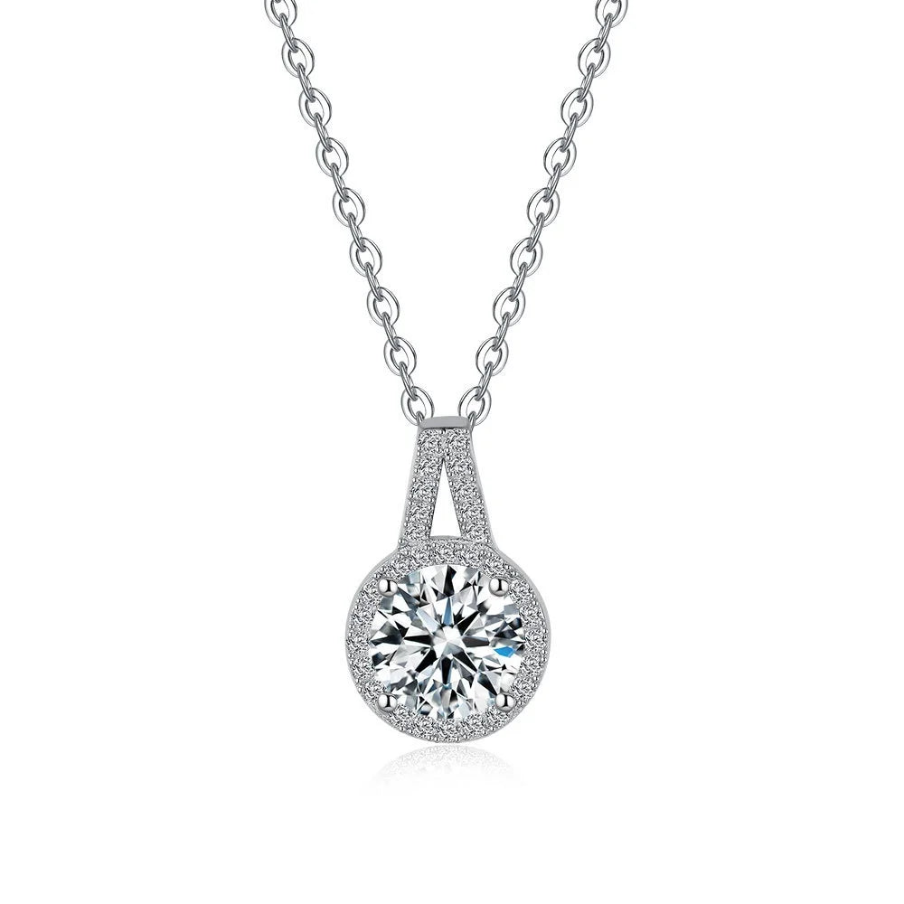 18k White Gold Pendant 1ct Moissanite Diamond Necklace for Women V-shaped Round Bag Platinum Pt950 Collarbone Chain Jewelry