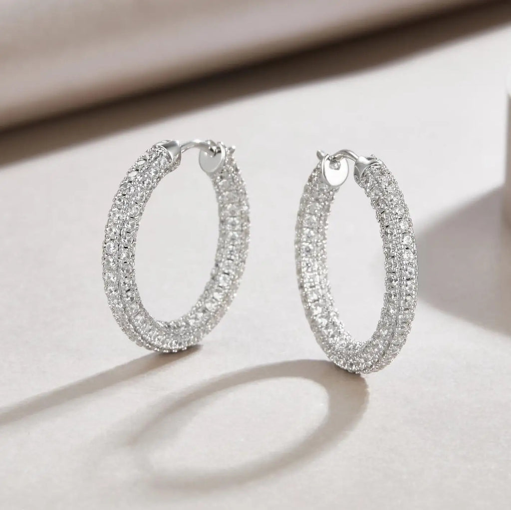 Moissanite Sparkle Hoop Earrings for Women Solid 925 Sterling Silver 1.5mm Hypoallergenic Earrings with 18K White Gold Plated