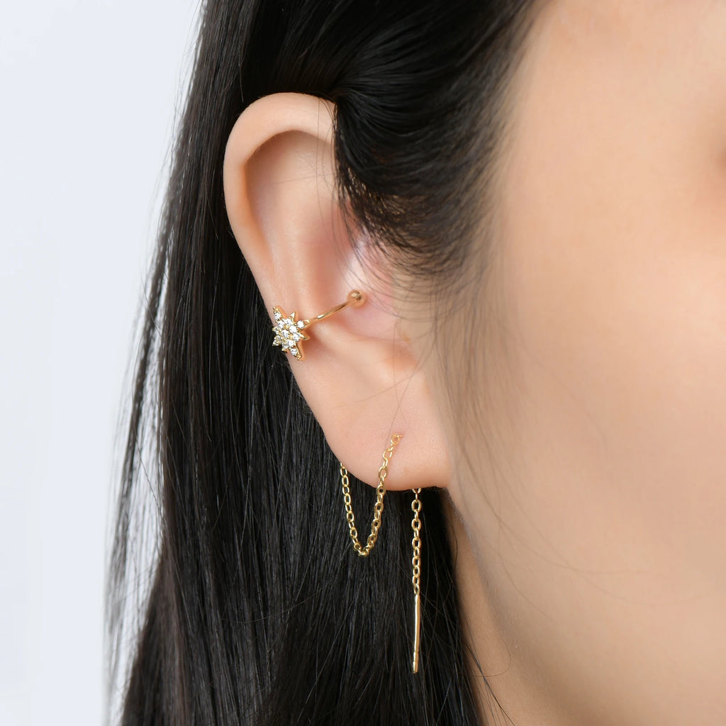 925 Sterling Silver Ear Cuff Earrings Chain for Women Full Moissanite Drop Dangle Ear Stud Star Crawler Wrap Earrings Jewelry