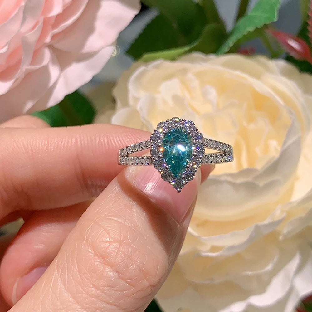 Moissanite Rings For Women Party Gift 100% S925 Sterling Silver Plated 18K 1ct Pear Cut Green