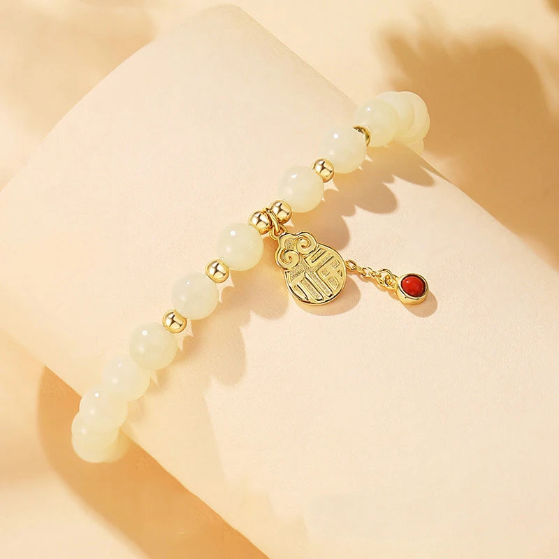 925 Sterling Silver Women's White Jade Crystal Beaded Hetian Jade