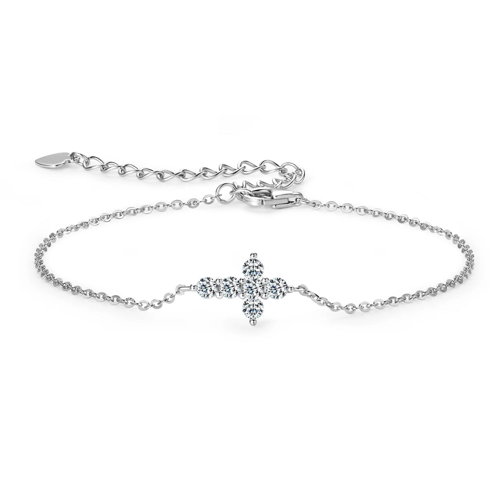 Moissanite Bracelet 925 Sterling Silver Cross 2.5mm Faith Bracelet for Women Religious Christian Believe Gifts Jewelry