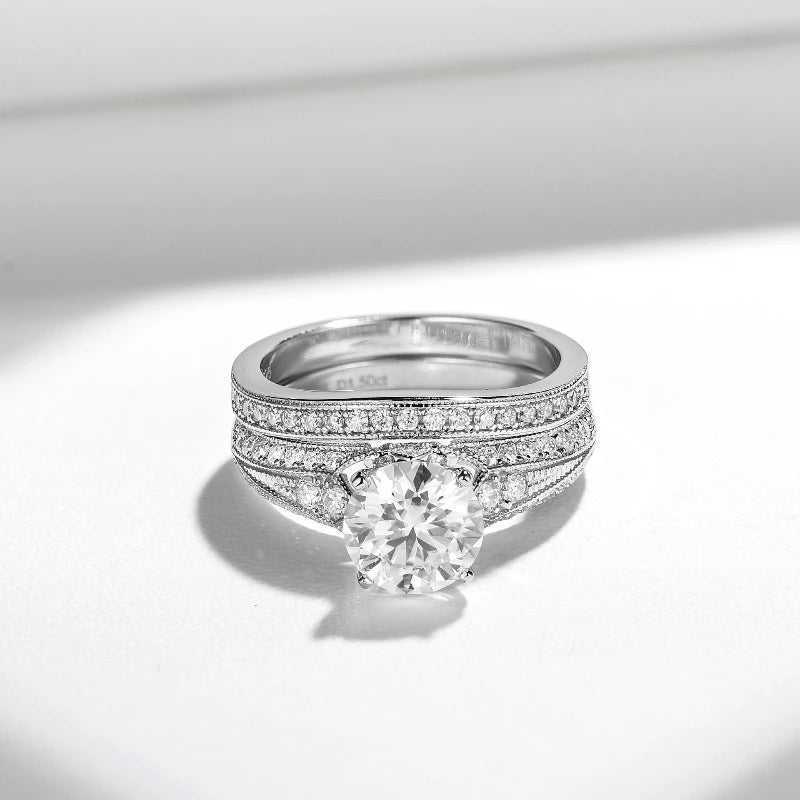 All Moissanite 1.5 Carats Round Cut Engagement Women 925 Sterling Silver Wedding Rings