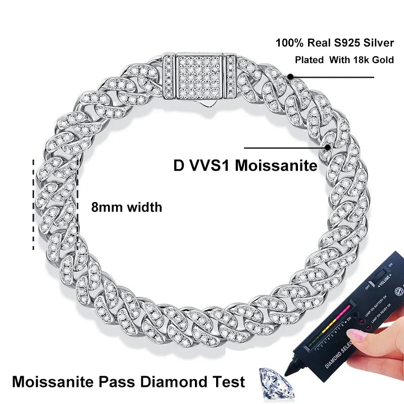 Full Moissanite Hip Hop Men Women Cuban Chain Bracelets 925 Sterling Silver with Gold Plated Cuban Bracelet Jewelry