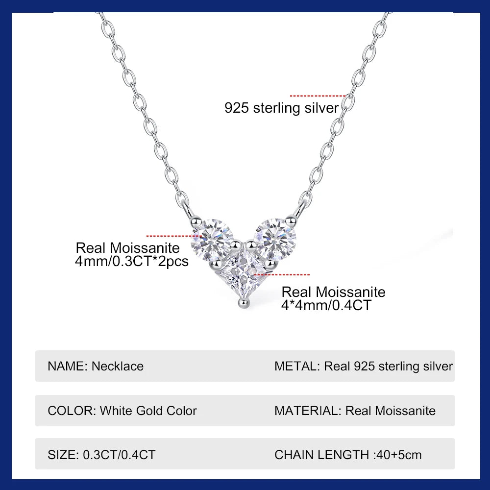 Princess Cut Moissanite Necklace 925 Sterling Sliver Chain Plated 18k White Gold Heart Necklace for Women Jewelry 4mm