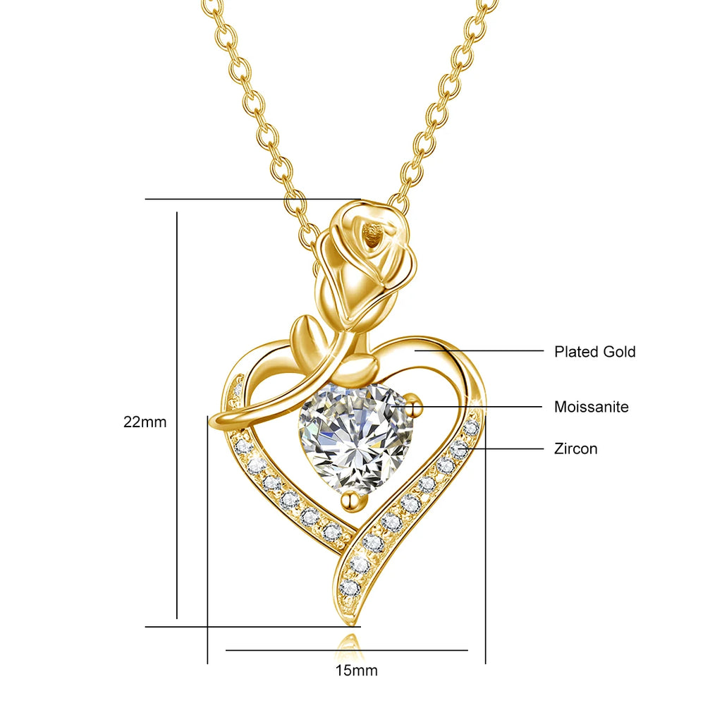 Moissanite Necklace For Women Heart Pendant Luxury Rose Flower