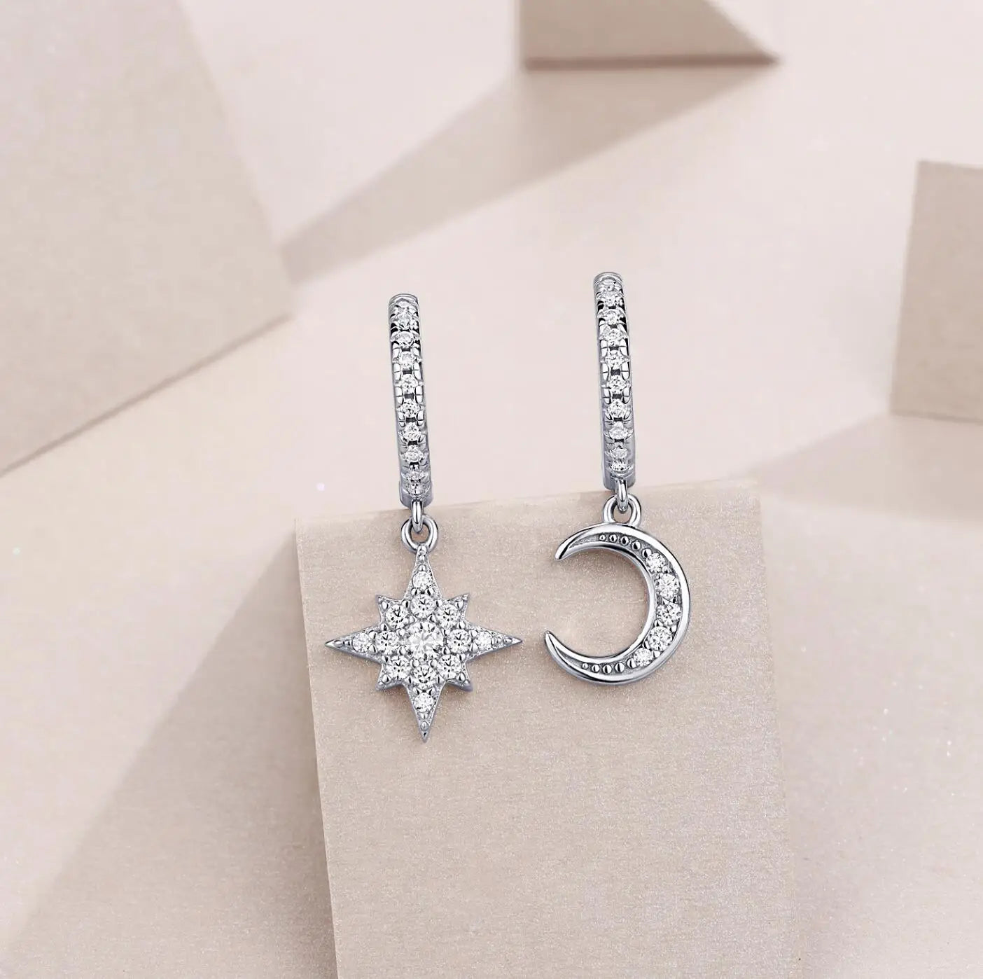 Full Moissanite Earrings 925 Sterling Silver Star Moon Asymmetric Hoop Earrings for Women Girls Party Jewelry Gifts