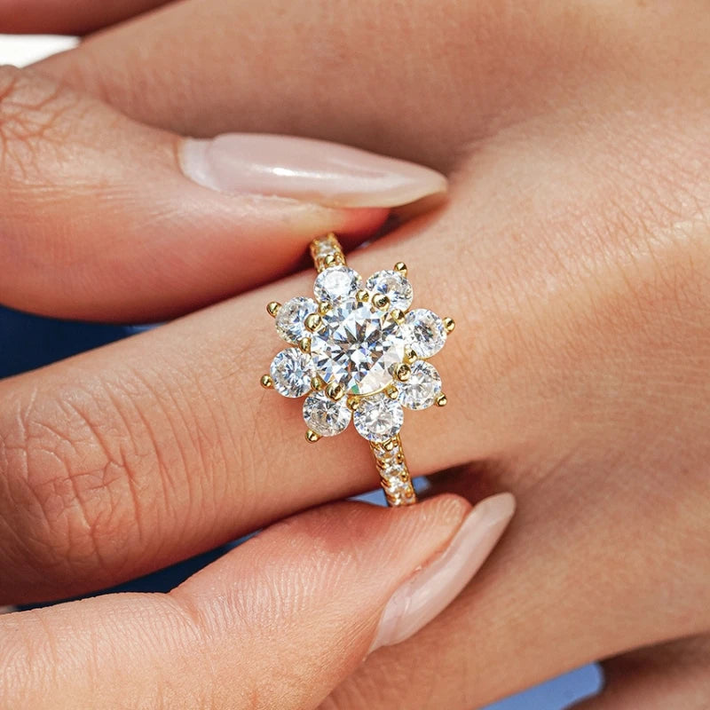 Women Engagement 18K Gold Wedding Band 1CT Moissanite Diamond Girl Friend Valentine's Day Wife Birthday Gift Sunflower Rings ins
