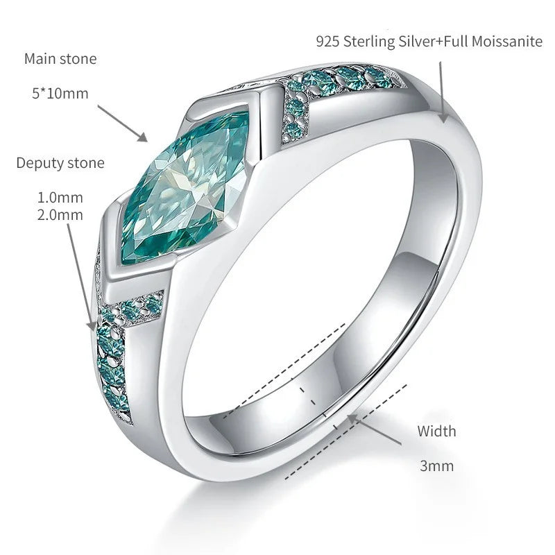 925 Sterling Silver Marquise Cut 1 Carat Green All Moissanite Ring Engagement Man Women